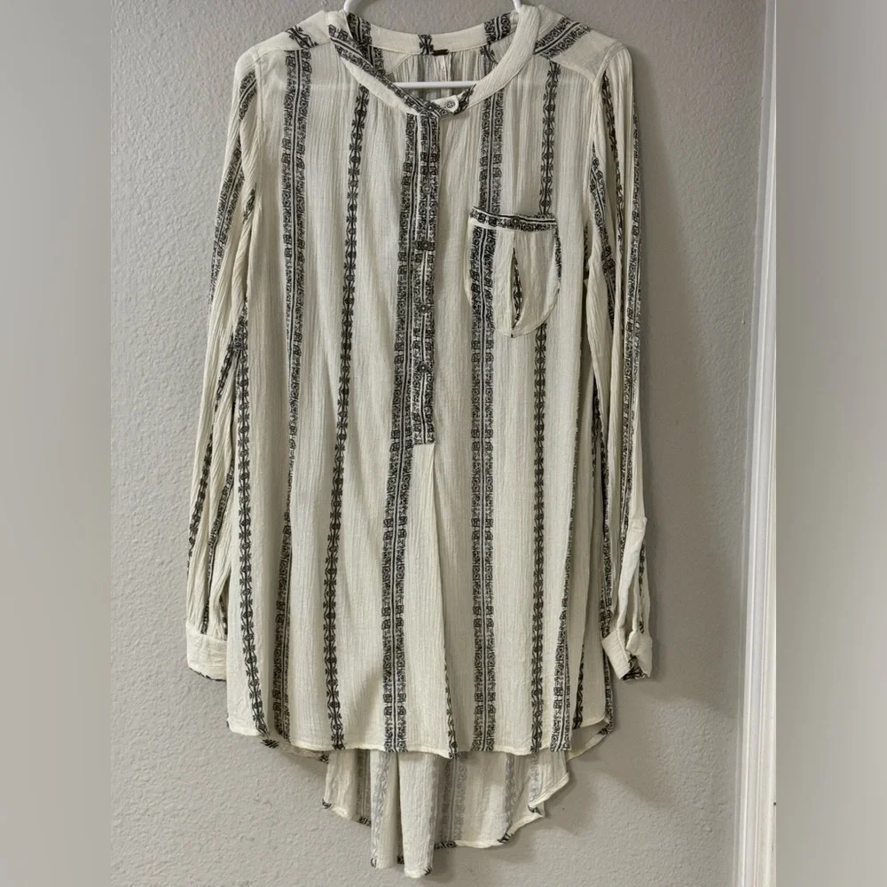 Free People Shibori Magic Long-Sleeve Top Blouse Vanilla Combo Boho Tunic Size L